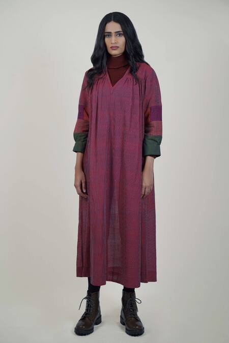 Mantra Wine Handloom Cotton, Maheshwari Embroidery, Pinstripe Pattern A-line Dress Online at Aza Fashions Mantra_Wine Handloom Cotton, Maheshwari Embroidery, Pinstripe Pattern A-line Dress _Online_at_Aza_Fashions