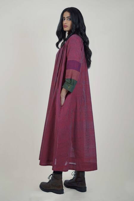 Shop Mantra Wine Handloom Cotton, Maheshwari Embroidery, Pinstripe Pattern A-line Dress Online at Aza Fashions Shop_Mantra_Wine Handloom Cotton, Maheshwari Embroidery, Pinstripe Pattern A-line Dress _Online_at_Aza_Fashions