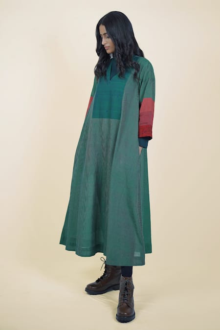 Shop Mantra Green Handloom Cotton, Maheshwari Patchwork Hollyberry Pinstriped A-line Dress at Aza Fashions Shop_Mantra_Green Handloom Cotton, Maheshwari Patchwork Hollyberry Pinstriped A-line Dress _at_Aza_Fashions