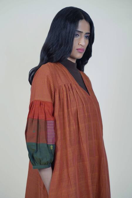Buy_Mantra_Orange Handloom Cotton, Maheshwari Embroidery, Cider Pinstriped A-line Dress _Online_at_Aza_Fashions