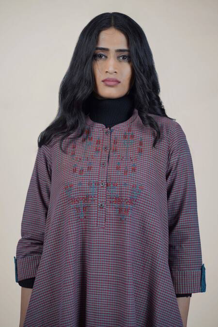 Mantra_Blue Handloom Cotton, Maheshwari Embroidery Round Checkered Pattern A-line Dress _Online_at_Aza_Fashions