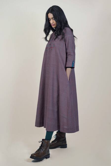 Shop_Mantra_Blue Handloom Cotton, Maheshwari Embroidery Round Checkered Pattern A-line Dress _Online_at_Aza_Fashions