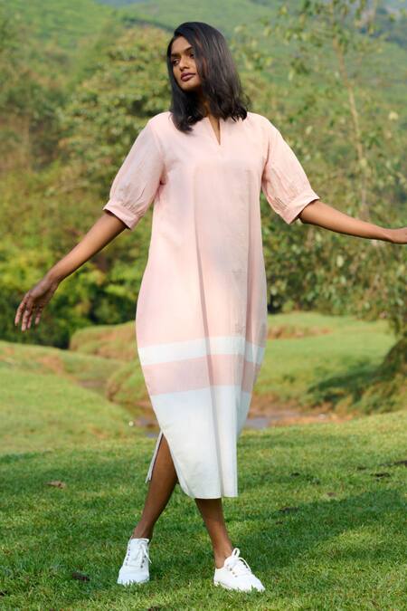 Mantra_Peach Handloom Cotton Cut Work Round Neck Peg Handwoven Stripe Bordered Dress _Online_at_Aza_Fashions