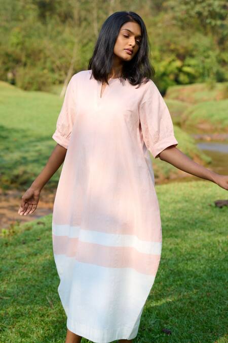 Buy_Mantra_Peach Handloom Cotton Cut Work Round Neck Peg Handwoven Stripe Bordered Dress _Online_at_Aza_Fashions