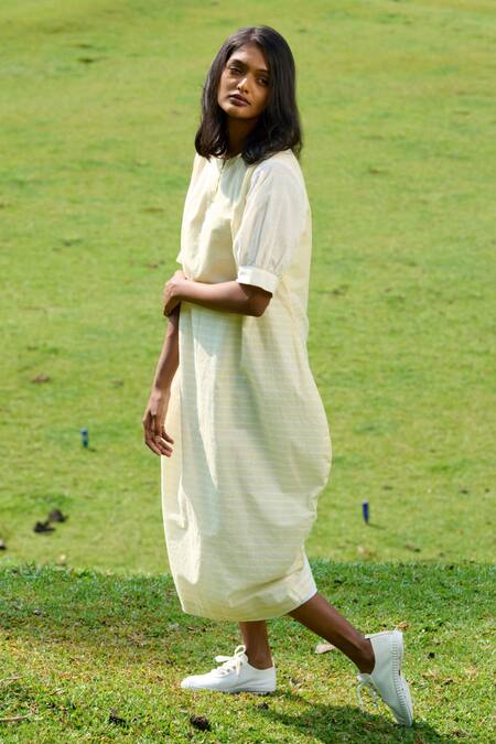 Mantra_Yellow Handloom , Round Neck Peg Handwoven Stripe Pattern Dress _Online_at_Aza_Fashions