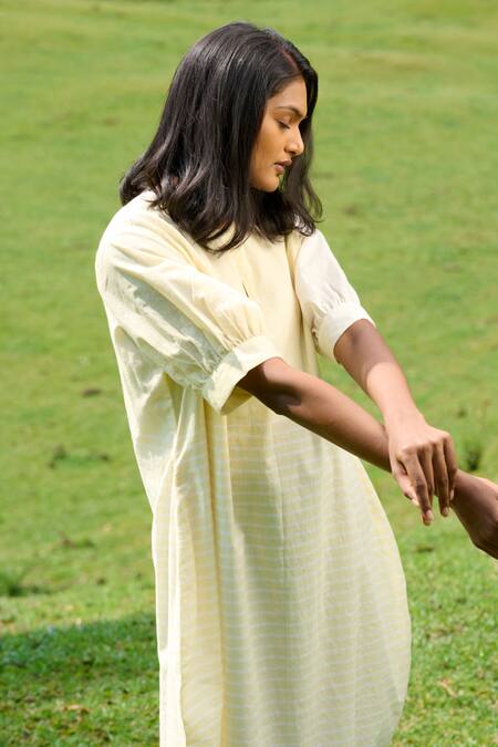 Buy_Mantra_Yellow Handloom , Round Neck Peg Handwoven Stripe Pattern Dress _Online_at_Aza_Fashions