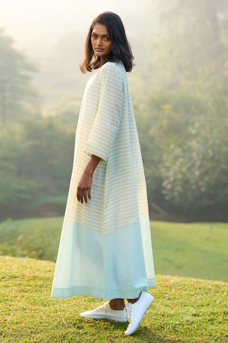 Shop_Mantra_Green Handloom Cotton V-neck Handwoven Stripe Pattern Dress _Online_at_Aza_Fashions