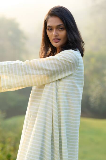 Mantra_Green Handloom Cotton V-neck Handwoven Stripe Pattern Dress _at_Aza_Fashions