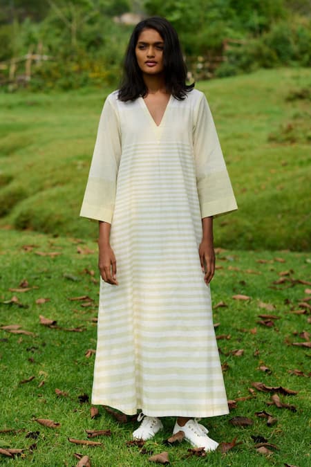 Mantra_Green Handloom Cotton V-neck Handwoven Striped A-line Dress _Online_at_Aza_Fashions