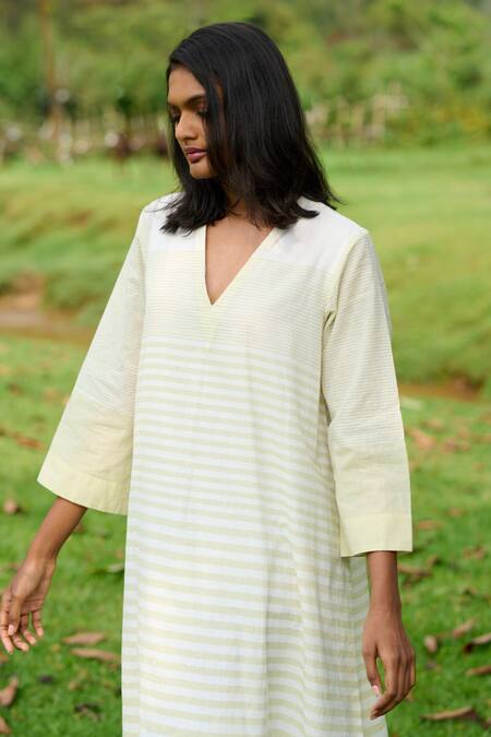 Shop_Mantra_Green Handloom Cotton V-neck Handwoven Striped A-line Dress _Online_at_Aza_Fashions
