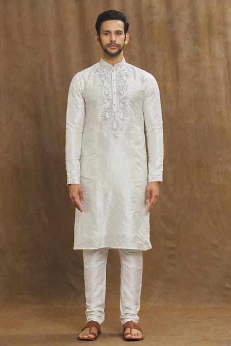 Arihant Rai Sinha Off White Silk Embroidery Thread Kurta With Churidar Online at Aza Fashions Arihant Rai Sinha_Off White Silk Embroidery Thread Kurta With Churidar_Online_at_Aza_Fashions