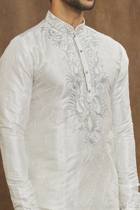 Shop Arihant Rai Sinha Off White Silk Embroidery Thread Kurta With Churidar Online at Aza Fashions Shop_Arihant Rai Sinha_Off White Silk Embroidery Thread Kurta With Churidar_Online_at_Aza_Fashions