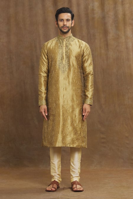 Arihant Rai Sinha_Gold Silk Embroidery Blossom Kurta With Churidar _Online_at_Aza_Fashions