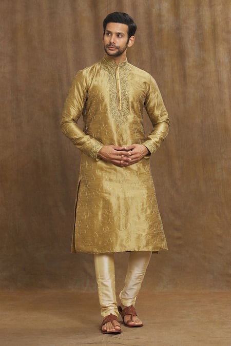 Buy_Arihant Rai Sinha_Gold Silk Embroidery Blossom Kurta With Churidar _Online_at_Aza_Fashions
