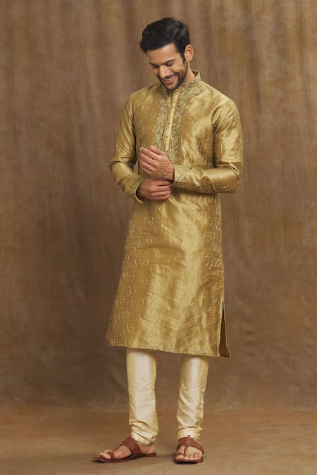 Shop_Arihant Rai Sinha_Gold Silk Embroidery Blossom Kurta With Churidar _Online_at_Aza_Fashions