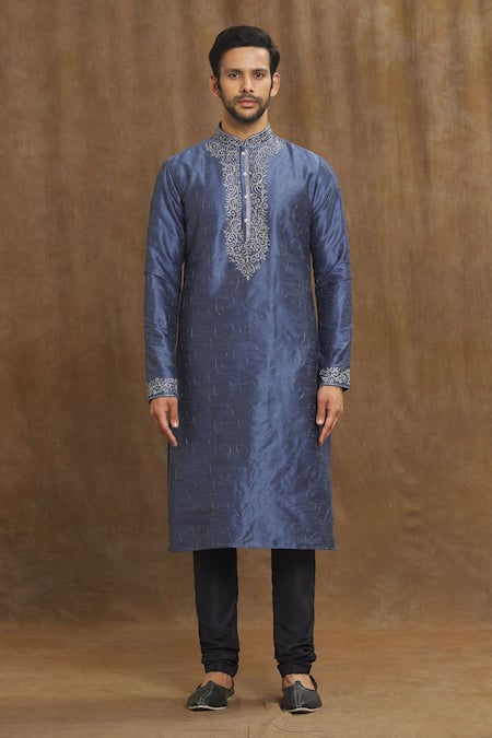 Arihant Rai Sinha_Blue Silk Embroidery Botanic Threadwork Kurta With Churidar _Online_at_Aza_Fashions