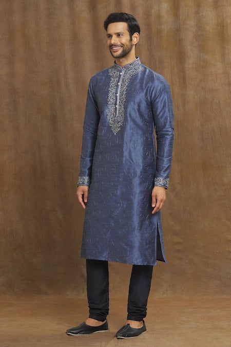 Buy_Arihant Rai Sinha_Blue Silk Embroidery Botanic Threadwork Kurta With Churidar _Online_at_Aza_Fashions