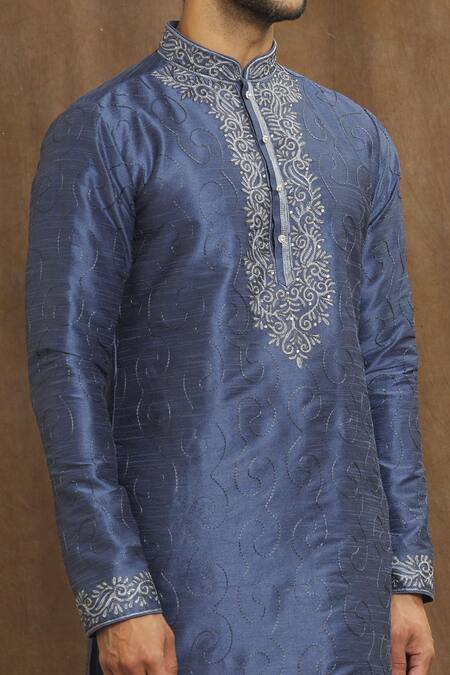 Shop_Arihant Rai Sinha_Blue Silk Embroidery Botanic Threadwork Kurta With Churidar _Online_at_Aza_Fashions