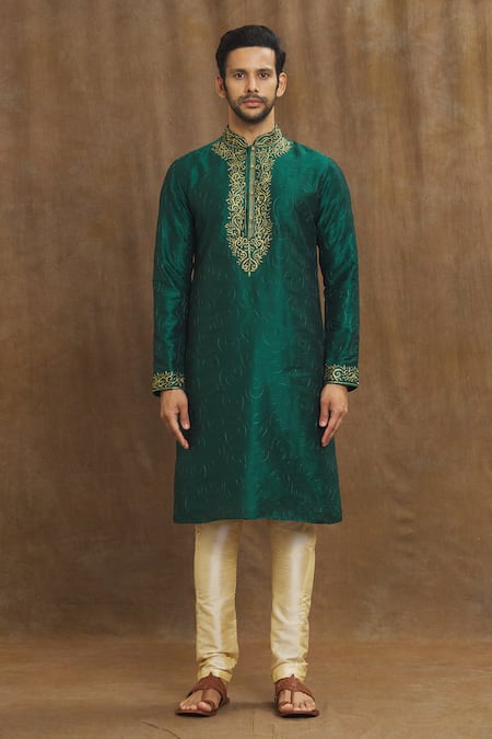 Arihant Rai Sinha_Green Silk Embroidery Floral Threadwork Kurta _Online_at_Aza_Fashions