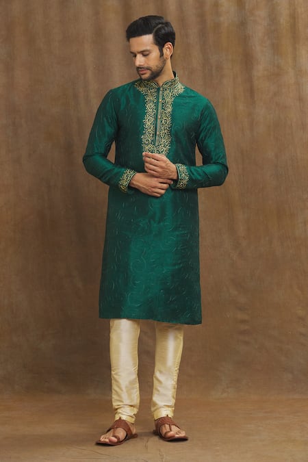 Buy_Arihant Rai Sinha_Green Silk Embroidery Floral Threadwork Kurta _Online_at_Aza_Fashions