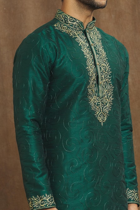 Shop_Arihant Rai Sinha_Green Silk Embroidery Floral Threadwork Kurta _Online_at_Aza_Fashions