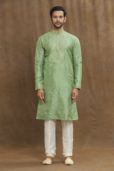 Arihant Rai Sinha_Green Silk Embroidery Swirl Kurta _Online_at_Aza_Fashions