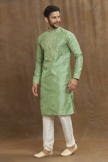 Buy_Arihant Rai Sinha_Green Silk Embroidery Swirl Kurta _Online_at_Aza_Fashions