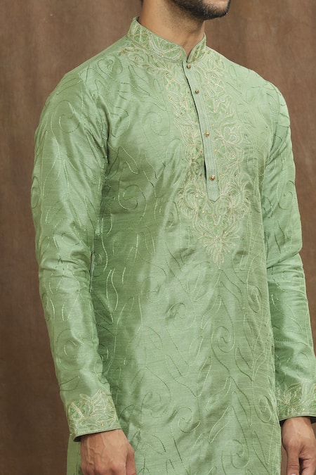 Shop_Arihant Rai Sinha_Green Silk Embroidery Swirl Kurta _Online_at_Aza_Fashions