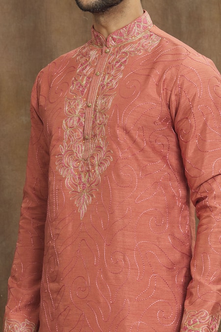 Shop_Arihant Rai Sinha_Multi Color Silk Embroidery Threadwork Straight Kurta _Online_at_Aza_Fashions