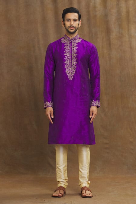 Arihant Rai Sinha Magenta Silk Embroidery Floral Swirl Kurta Online at Aza Fashions Arihant Rai Sinha_Magenta Silk Embroidery Floral Swirl Kurta _Online_at_Aza_Fashions