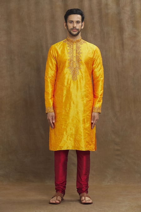 Arihant Rai Sinha Orange Silk Embroidery Paisley Kurta Online at Aza Fashions Arihant Rai Sinha_Orange Silk Embroidery Paisley Kurta _Online_at_Aza_Fashions