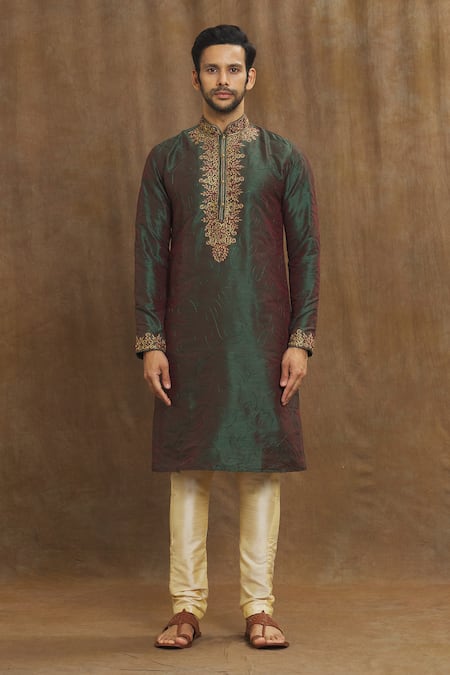 Arihant Rai Sinha Green Silk Embroidery Two Tone Kurta With Churidar Online at Aza Fashions Arihant Rai Sinha_Green Silk Embroidery Two Tone Kurta With Churidar_Online_at_Aza_Fashions