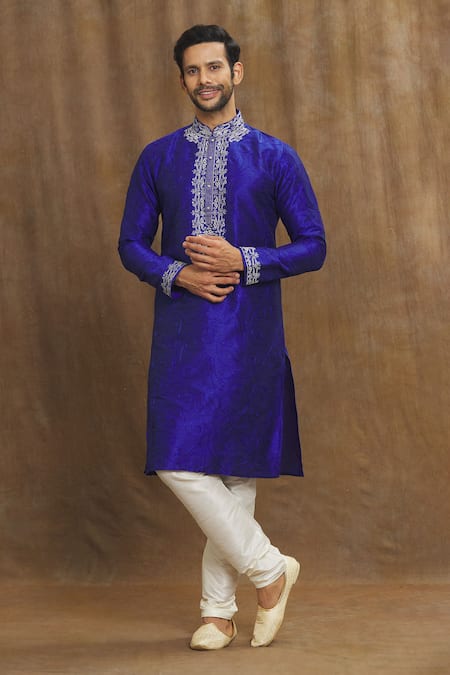 Buy_Arihant Rai Sinha_Blue Brocade, Silk Embroidery Paisley Threadwork Straight Kurta _Online_at_Aza_Fashions