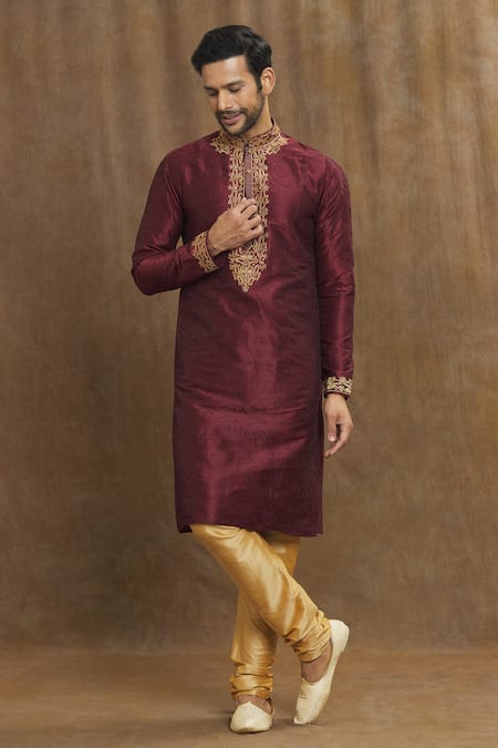 Shop_Arihant Rai Sinha_Wine Silk Embroidery Paisley Pattern Kurta With Churidar _Online_at_Aza_Fashions