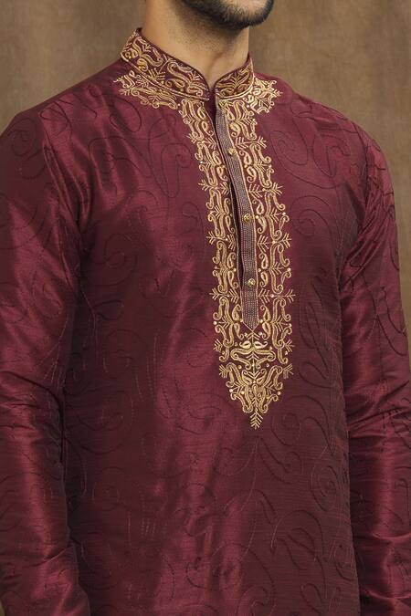 Arihant Rai Sinha_Wine Silk Embroidery Paisley Pattern Kurta With Churidar _at_Aza_Fashions