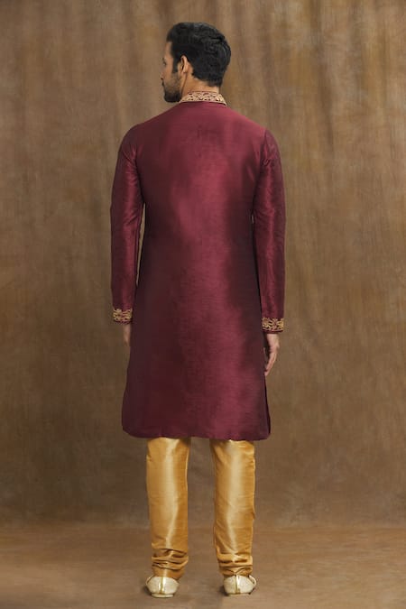 Arihant Rai Sinha_Wine Silk Embroidery Paisley Pattern Kurta With Churidar _Online_at_Aza_Fashions