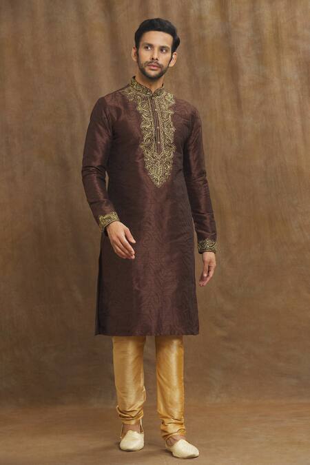 Arihant Rai Sinha Brown Art Banarasi Silk Embroidered Floral Paisley Swirl Threadwork Kurta 