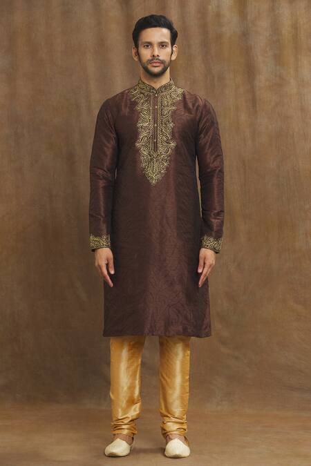 Arihant Rai Sinha Brown Silk, Brocade Embroidery Paisley Swirl Threadwork Kurta Online at Aza Fashions Arihant Rai Sinha_Brown Silk, Brocade Embroidery Paisley Swirl Threadwork Kurta _Online_at_Aza_Fashions