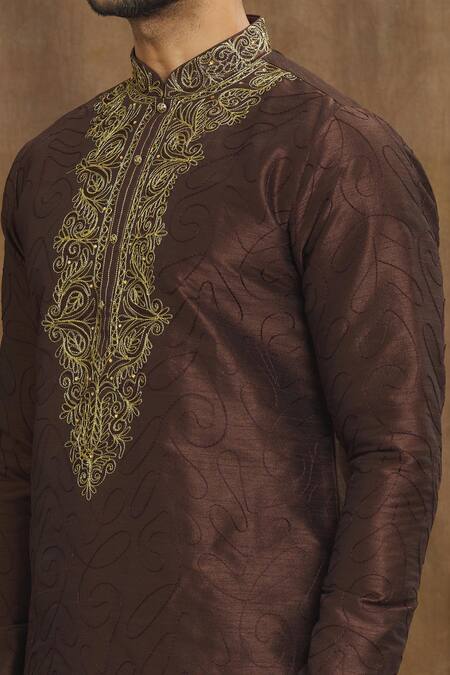 Shop Arihant Rai Sinha Brown Silk, Brocade Embroidery Paisley Swirl Threadwork Kurta Online at Aza Fashions Shop_Arihant Rai Sinha_Brown Silk, Brocade Embroidery Paisley Swirl Threadwork Kurta _Online_at_Aza_Fashions