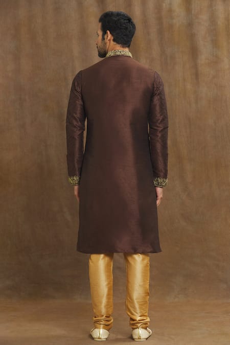 Shop Arihant Rai Sinha Brown Silk, Brocade Embroidery Paisley Swirl Threadwork Kurta at Aza Fashions Shop_Arihant Rai Sinha_Brown Silk, Brocade Embroidery Paisley Swirl Threadwork Kurta _at_Aza_Fashions
