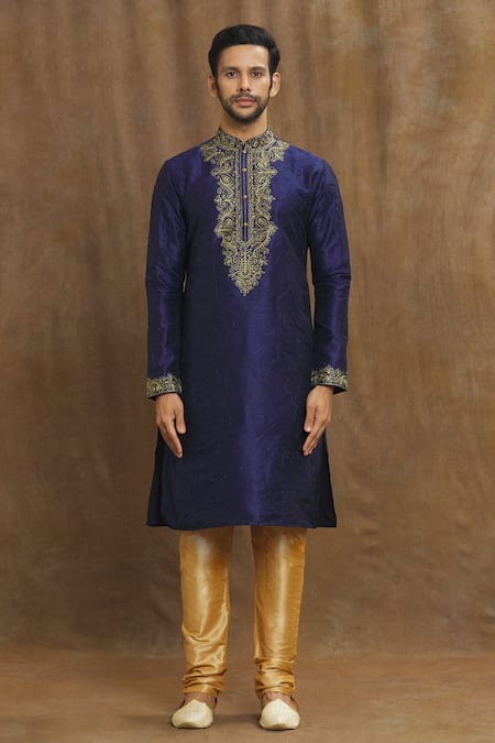 Arihant Rai Sinha_Blue Silk Embroidery Paisley Thread Kurta_Online_at_Aza_Fashions
