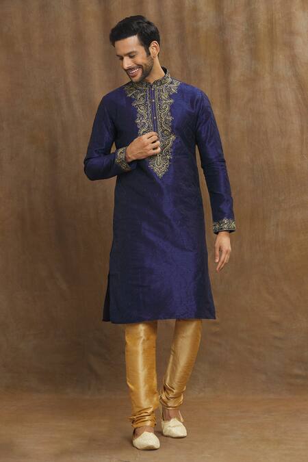 Buy_Arihant Rai Sinha_Blue Silk Embroidery Paisley Thread Kurta_Online_at_Aza_Fashions