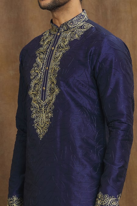 Shop_Arihant Rai Sinha_Blue Silk Embroidery Paisley Thread Kurta_Online_at_Aza_Fashions