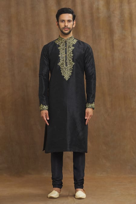 Arihant Rai Sinha Black Silk Embroidery Swirl Threadwork Kurta Online at Aza Fashions Arihant Rai Sinha_Black Silk Embroidery Swirl Threadwork Kurta _Online_at_Aza_Fashions