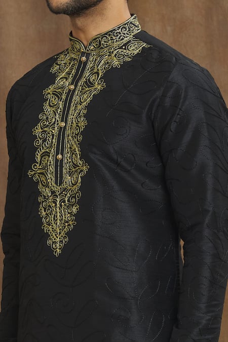 Shop Arihant Rai Sinha Black Silk Embroidery Swirl Threadwork Kurta Online at Aza Fashions Shop_Arihant Rai Sinha_Black Silk Embroidery Swirl Threadwork Kurta _Online_at_Aza_Fashions