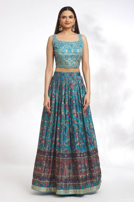 Samyukta Singhania Blue Net, Chiffon Embroidery, Sequins Square Neck Blouse Lehenga Set Online at Aza Fashions Samyukta Singhania_Blue Net, Chiffon Embroidery, Sequins Square Neck Blouse Lehenga Set_Online_at_Aza_Fashions