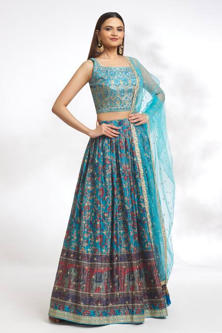 Buy Samyukta Singhania Blue Net, Chiffon Embroidery, Sequins Square Neck Blouse Lehenga Set Online at Aza Fashions Buy_Samyukta Singhania_Blue Net, Chiffon Embroidery, Sequins Square Neck Blouse Lehenga Set_Online_at_Aza_Fashions