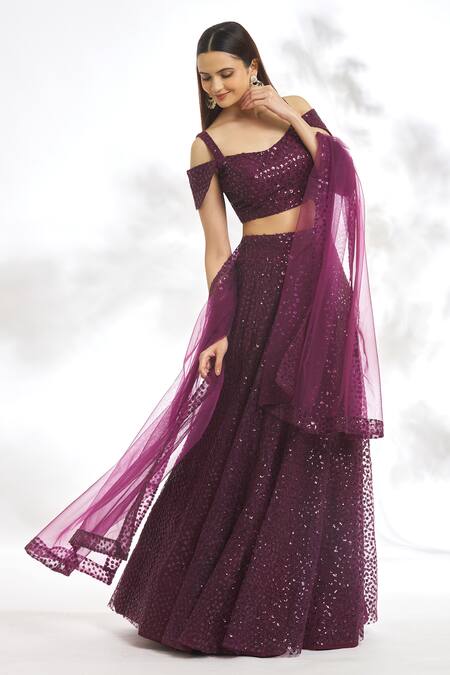 Buy_Samyukta Singhania_Wine Net, Silk Sequins Square Neck Embroidered Blouse Lehenga Set_Online_at_Aza_Fashions