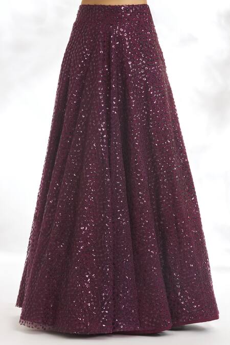 Samyukta Singhania_Wine Net, Silk Sequins Square Neck Embroidered Blouse Lehenga Set_at_Aza_Fashions