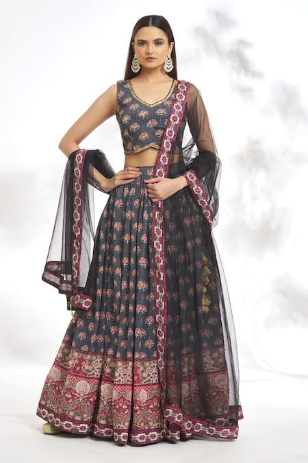 Samyukta Singhania Black Chinon Silk Digital Printed Floral Leaf Neck Pattern Blouse Lehenga Set 